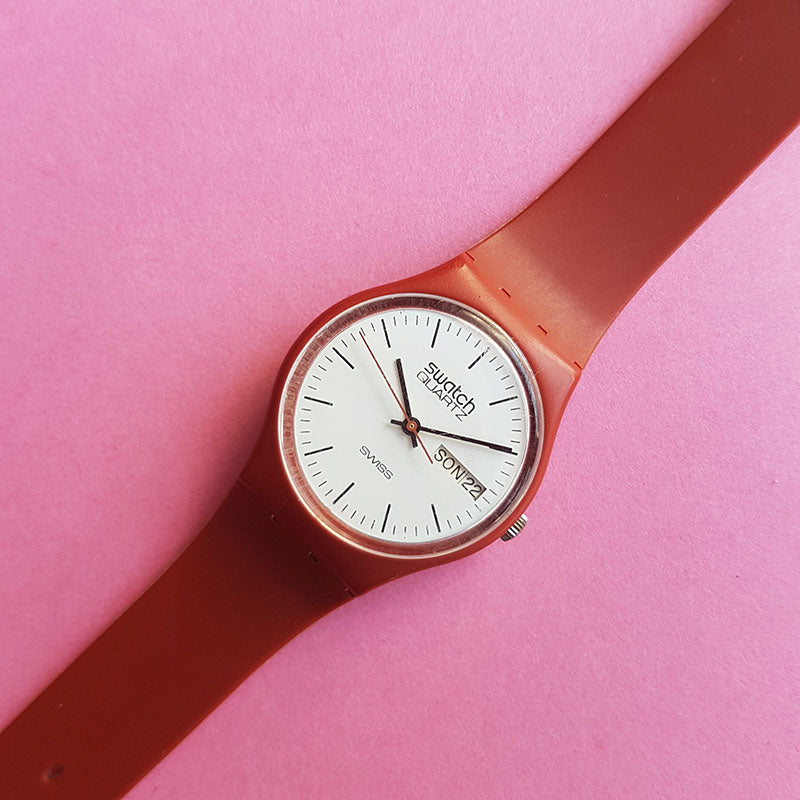VINTAGE SWATCH WATCH 1983 G-700 RARE PROTOTYPE Brick Color GVC Vintage SWATCH 1983 GC700 Brown with Brown Face Day and Date  main image 4