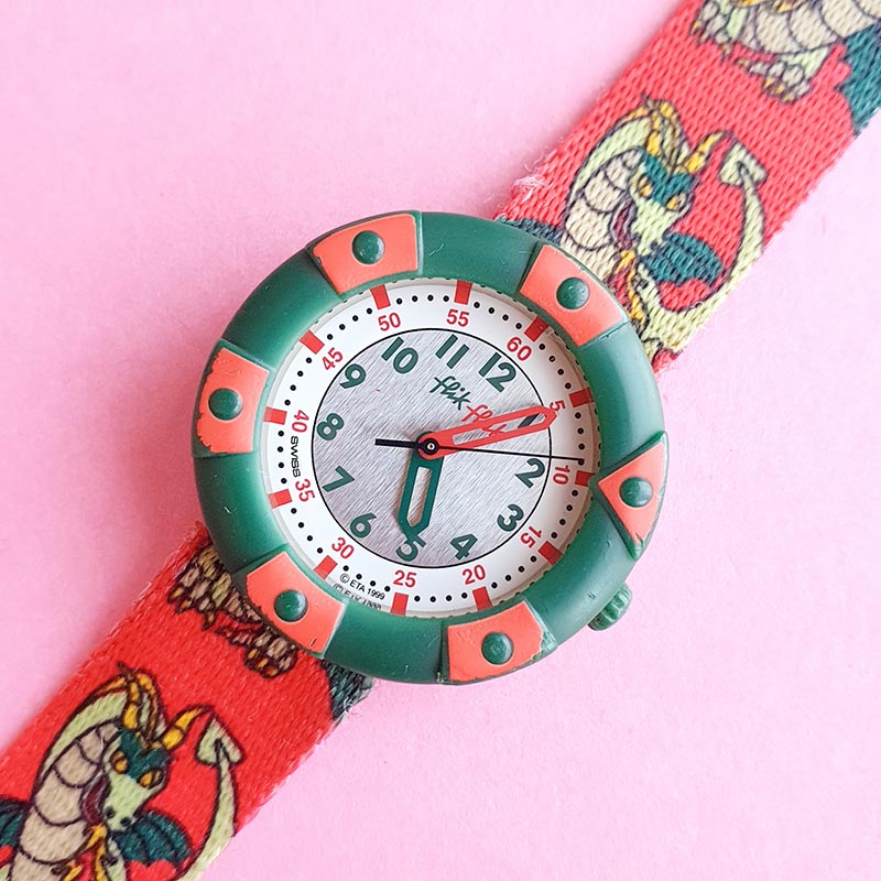 Vintage Flik Flak Red & Green Dragon Watch for Women | 90s Flik