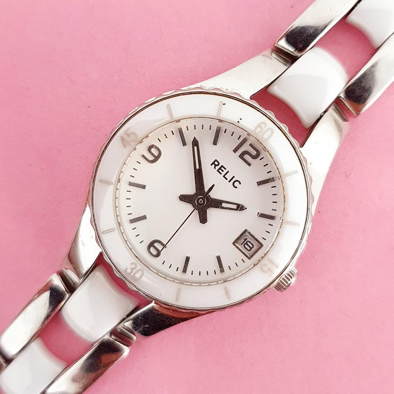 VINTAGE AUTHENTIC FOSSIL SILVER,PEARLESCENT  WOMEN\'S DATE WATCH Vintage Elegant Fossil Date Watch for Women with White  main image 2