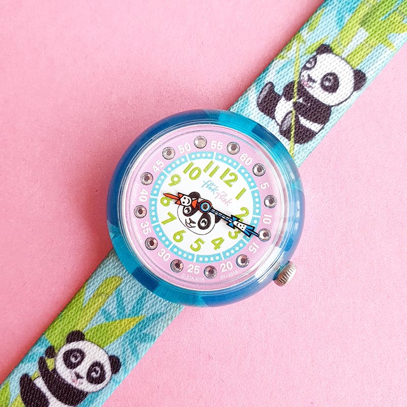 Vintage Flik Flak Bamboo Party Panda FBNP034 Watch for Women