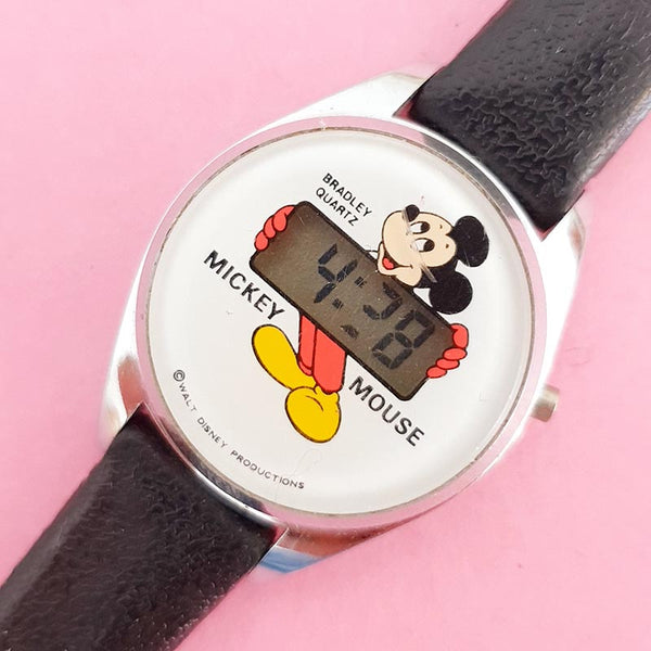 1980s Vintage Silver-tone Digital Mickey Mouse Bradley Watch for Women
